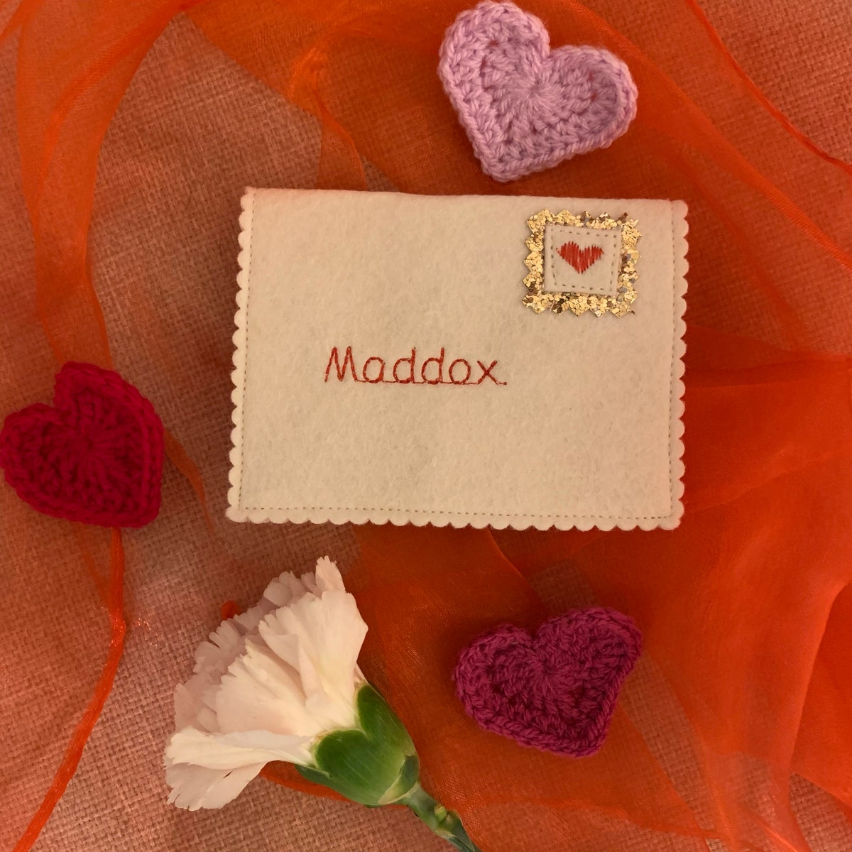 Personalised embroidered handmade valentines envelope love letter