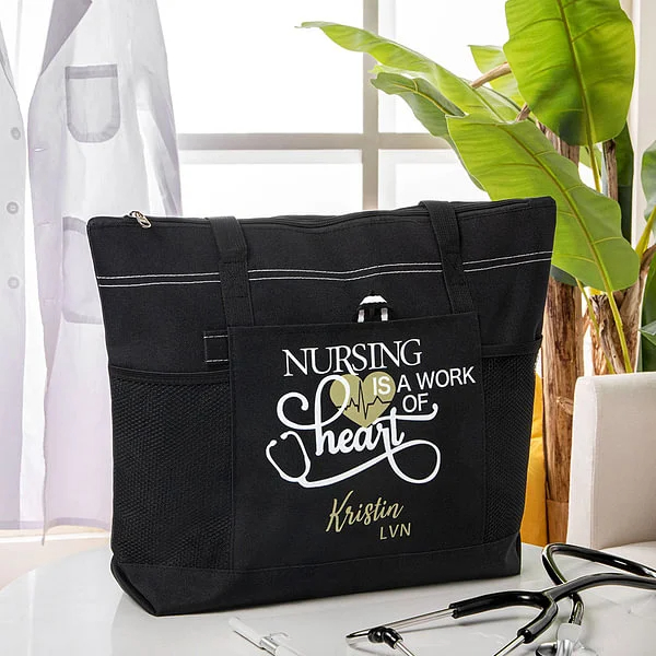Personalized Nursing Is A Work of Heart Tote Bag Nurse Canvas Zippered Tote Bag Large Capacity Nurse Appreciation Gift Nurse Week Gift