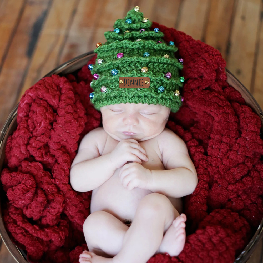 Personalized Leather Patch Christmas Tree Crochet Hat | MCGift51