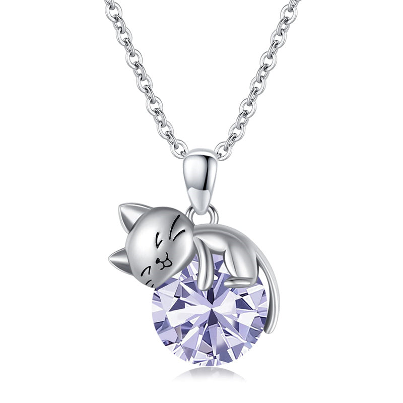 Cat Necklace with Birthstone 925 Sterling Silver Cat Pendant Necklace Gift for Women