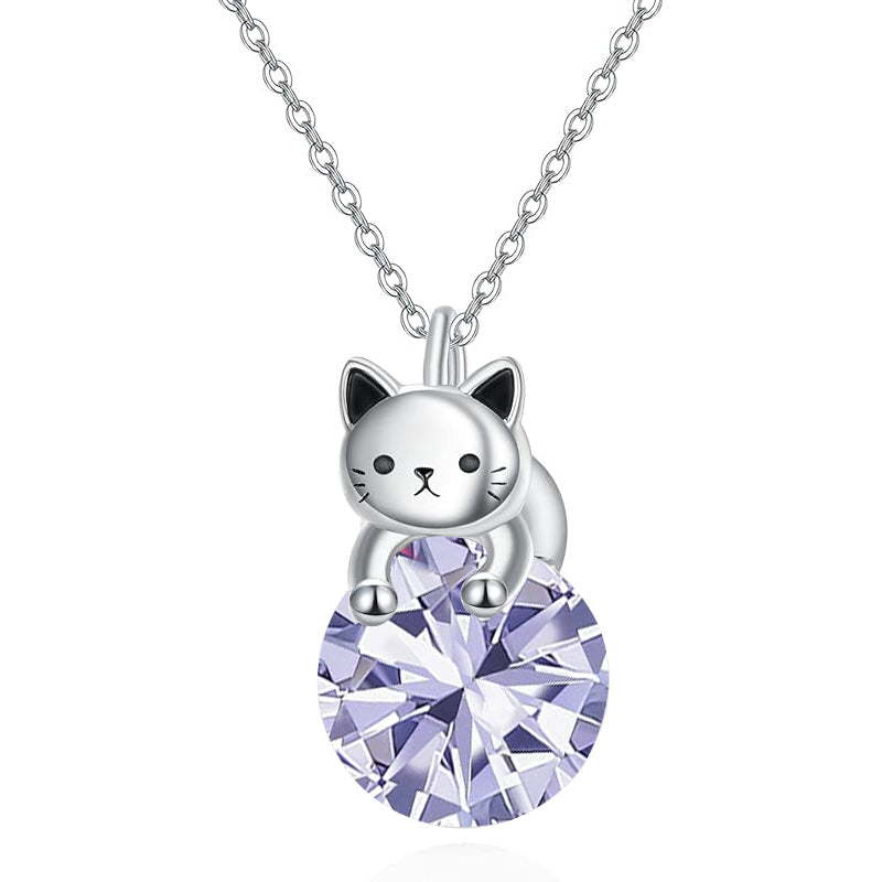 Cat Necklace with Birthstone 925 Sterling Silver Cat Pendant Necklace Gift for Women