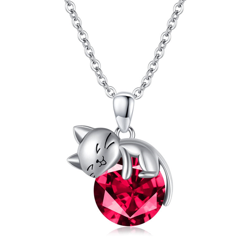 Cat Necklace with Birthstone 925 Sterling Silver Cat Pendant Necklace Gift for Women