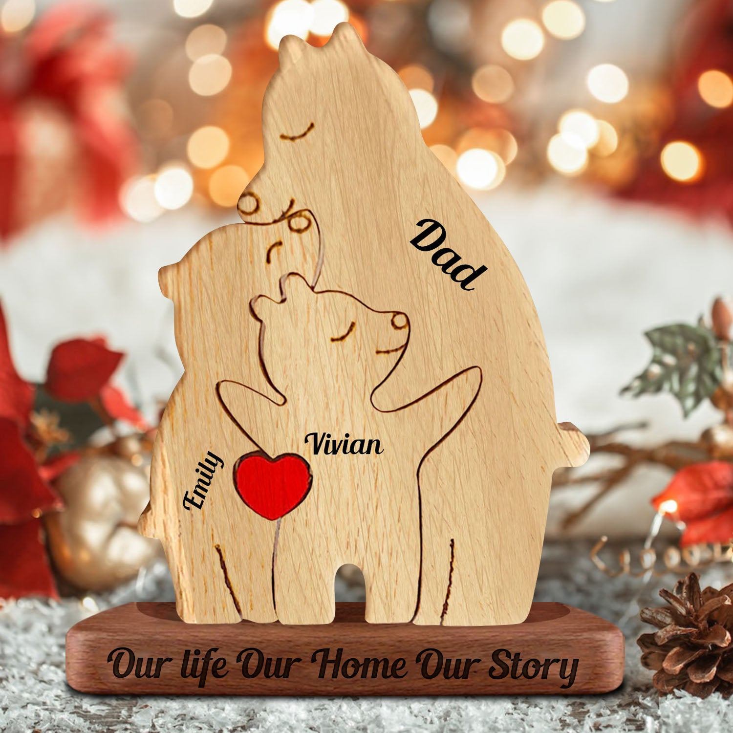 Personalized Single Parent Family With Stand - Puzzle Wooden Bear Family - Wooden Pet Carvings