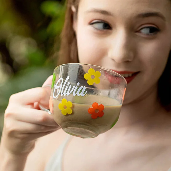 Personalized Flower Glass Coffee Cup Set with Name Office Decoration Birthday Christmas Gift 