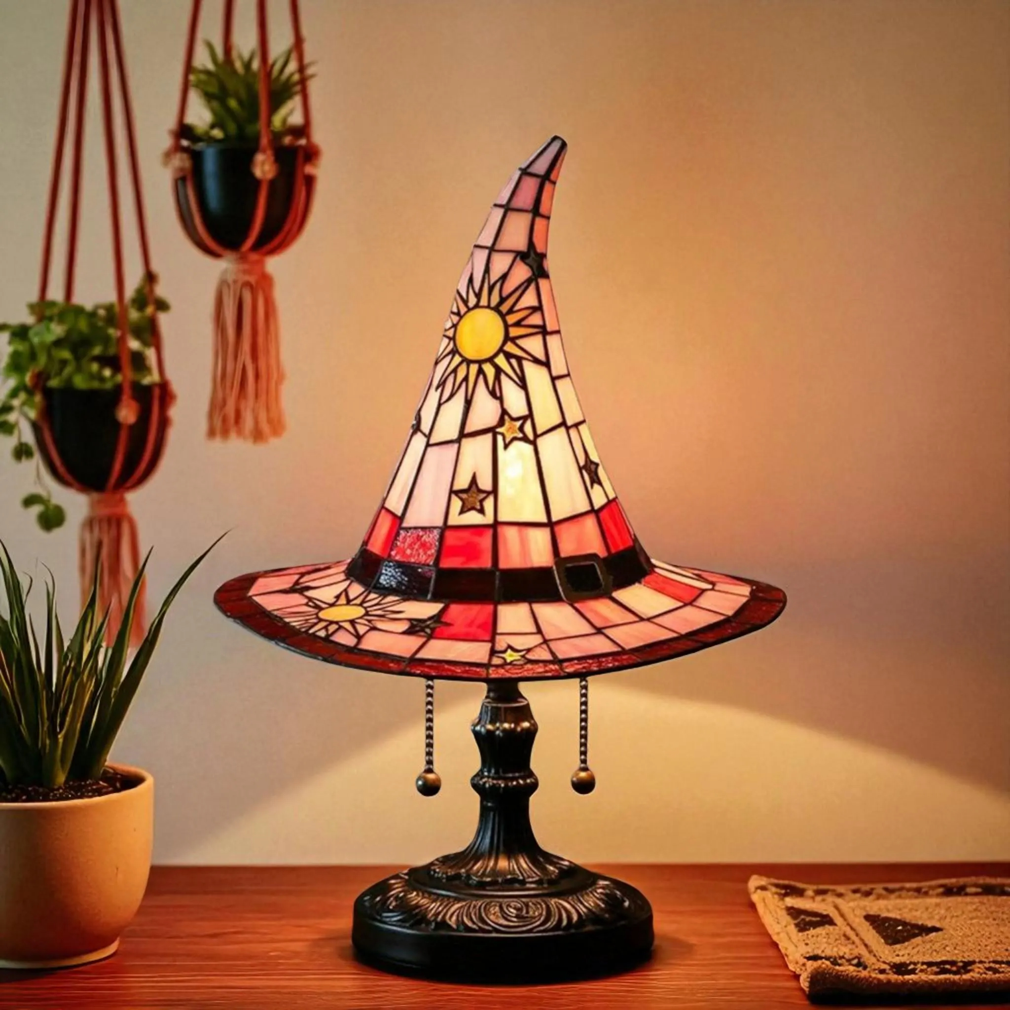 Halloween LED Stained Glass Witch Hat Lamp