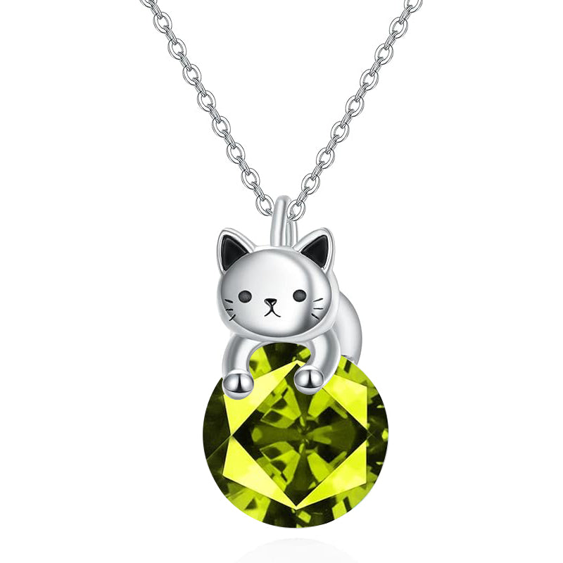 Cat Necklace with Birthstone 925 Sterling Silver Cat Pendant Necklace Gift for Women