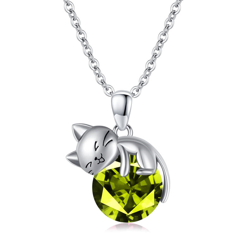 Cat Necklace with Birthstone 925 Sterling Silver Cat Pendant Necklace Gift for Women