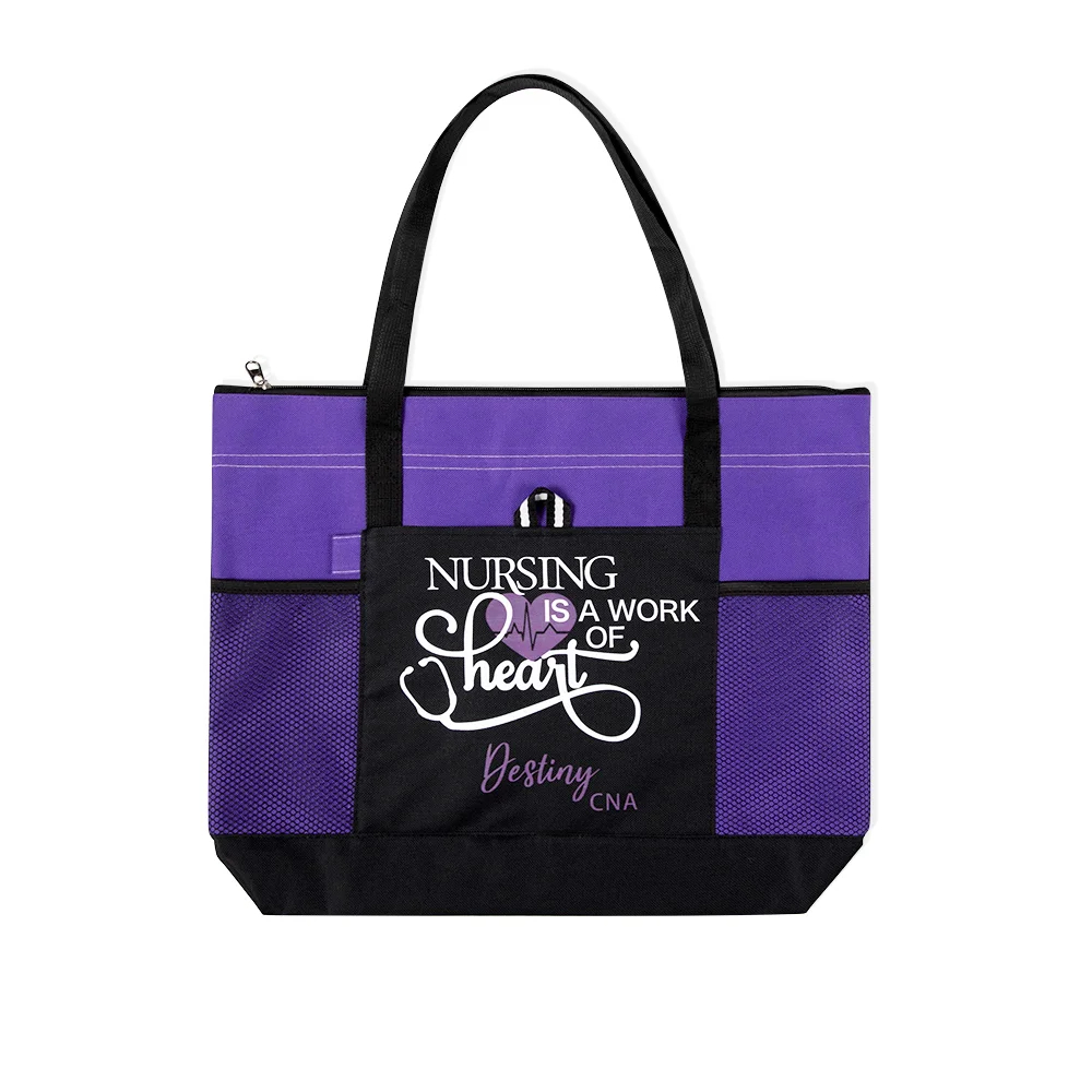 Personalized Nursing Is A Work of Heart Tote Bag Nurse Canvas Zippered Tote Bag Large Capacity Nurse Appreciation Gift Nurse Week Gift