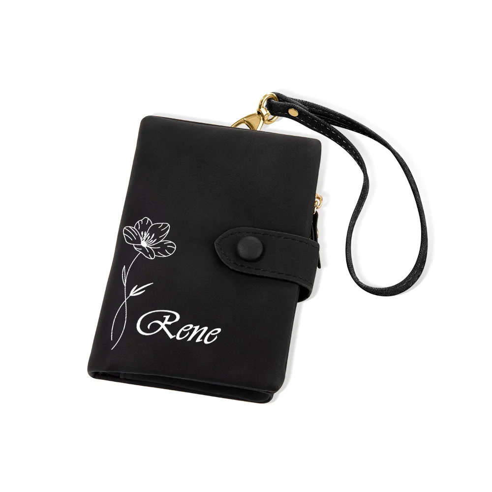 Personalized Tri-Fold Birth Flower Leather Wallet Card Holder Birthday Christmas Gift for Woman