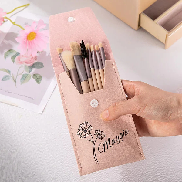 Personalized Birth Flower Makeup Brush Bag with 8 Pcs Makeup Brushes Birthday Wedding Christmas Gift for Girlfriend Mother Friend