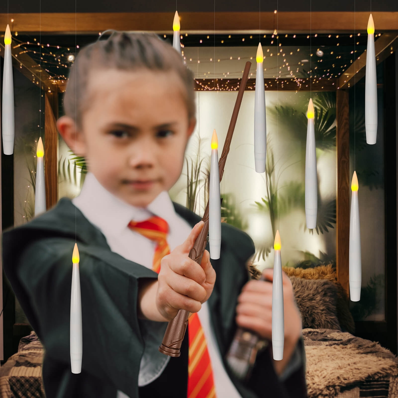 Floating Flameless Candles with Wand Remote and Timer, Halloween Christmas Theme Party Window Decor