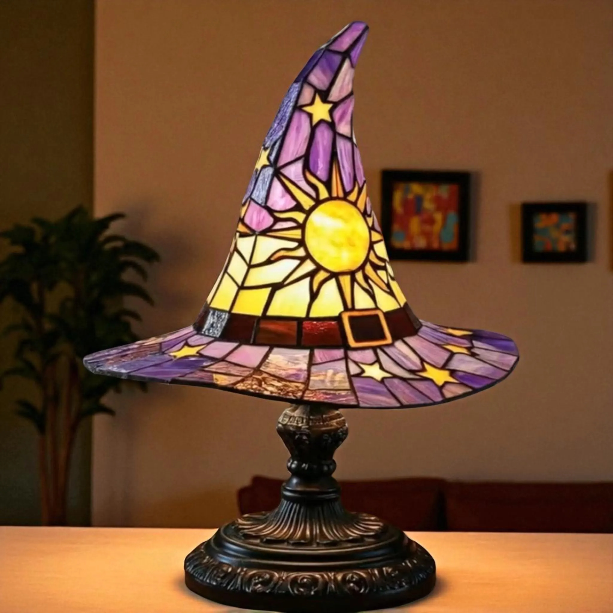 Halloween LED Stained Glass Witch Hat Lamp