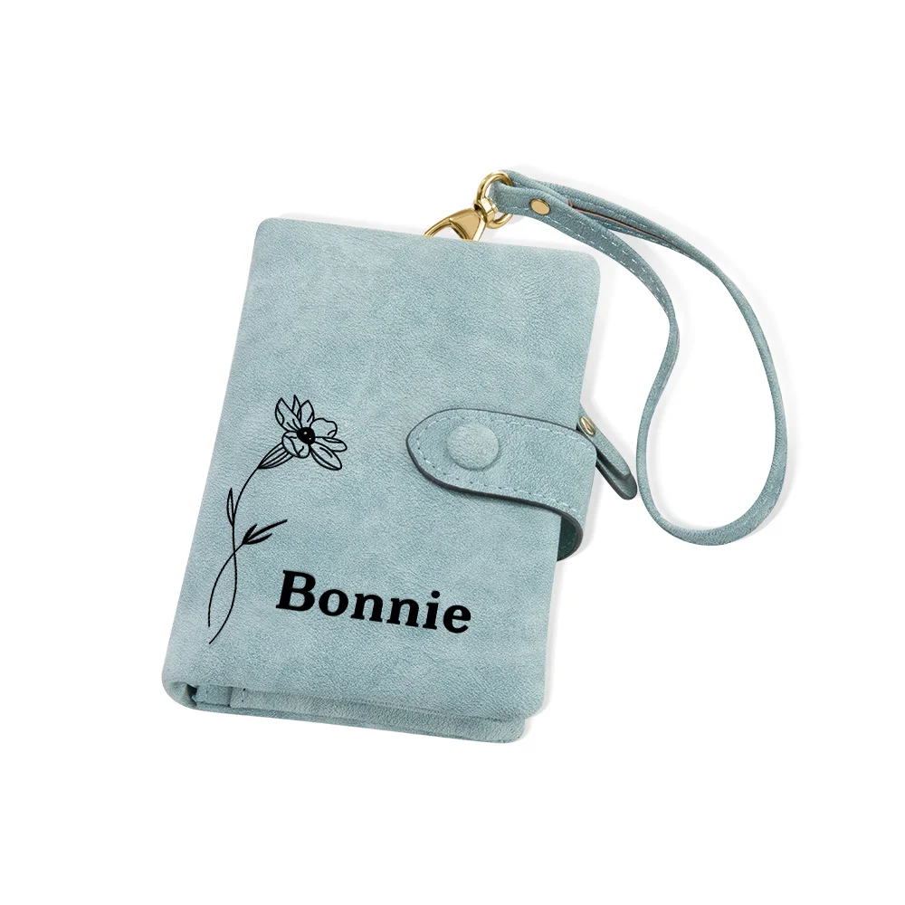 Personalized Tri-Fold Birth Flower Leather Wallet Card Holder Birthday Christmas Gift for Woman