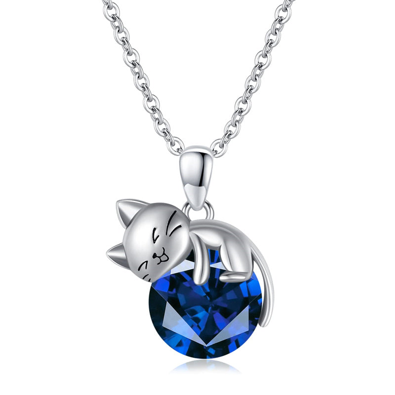 Cat Necklace with Birthstone 925 Sterling Silver Cat Pendant Necklace Gift for Women