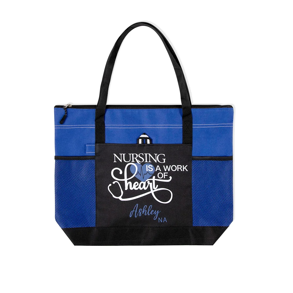 Personalized Nursing Is A Work of Heart Tote Bag Nurse Canvas Zippered Tote Bag Large Capacity Nurse Appreciation Gift Nurse Week Gift