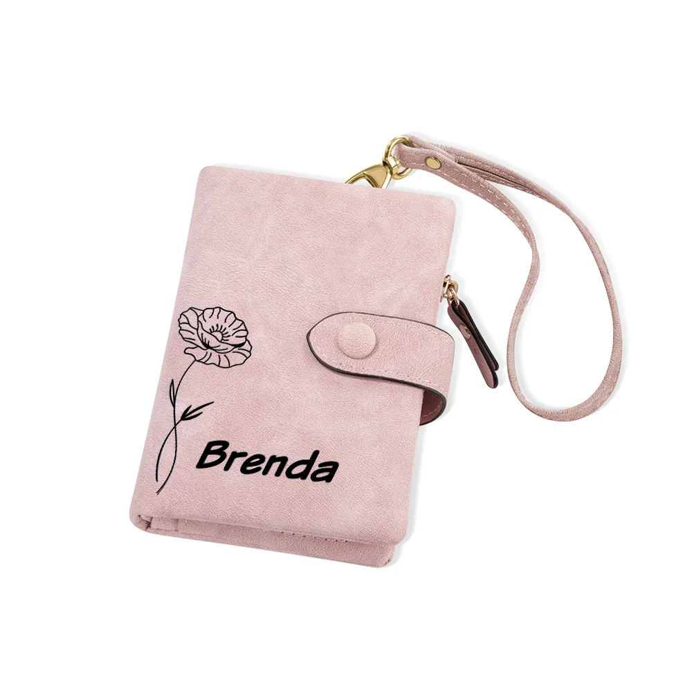 Personalized Tri-Fold Birth Flower Leather Wallet Card Holder Birthday Christmas Gift for Woman