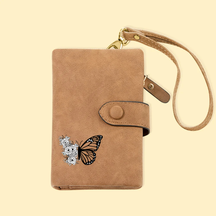 Personalized Tri-Fold Butterfly Birth Flower Leather Wallet with Coin Holder Birthday Christmas Gift for Woman