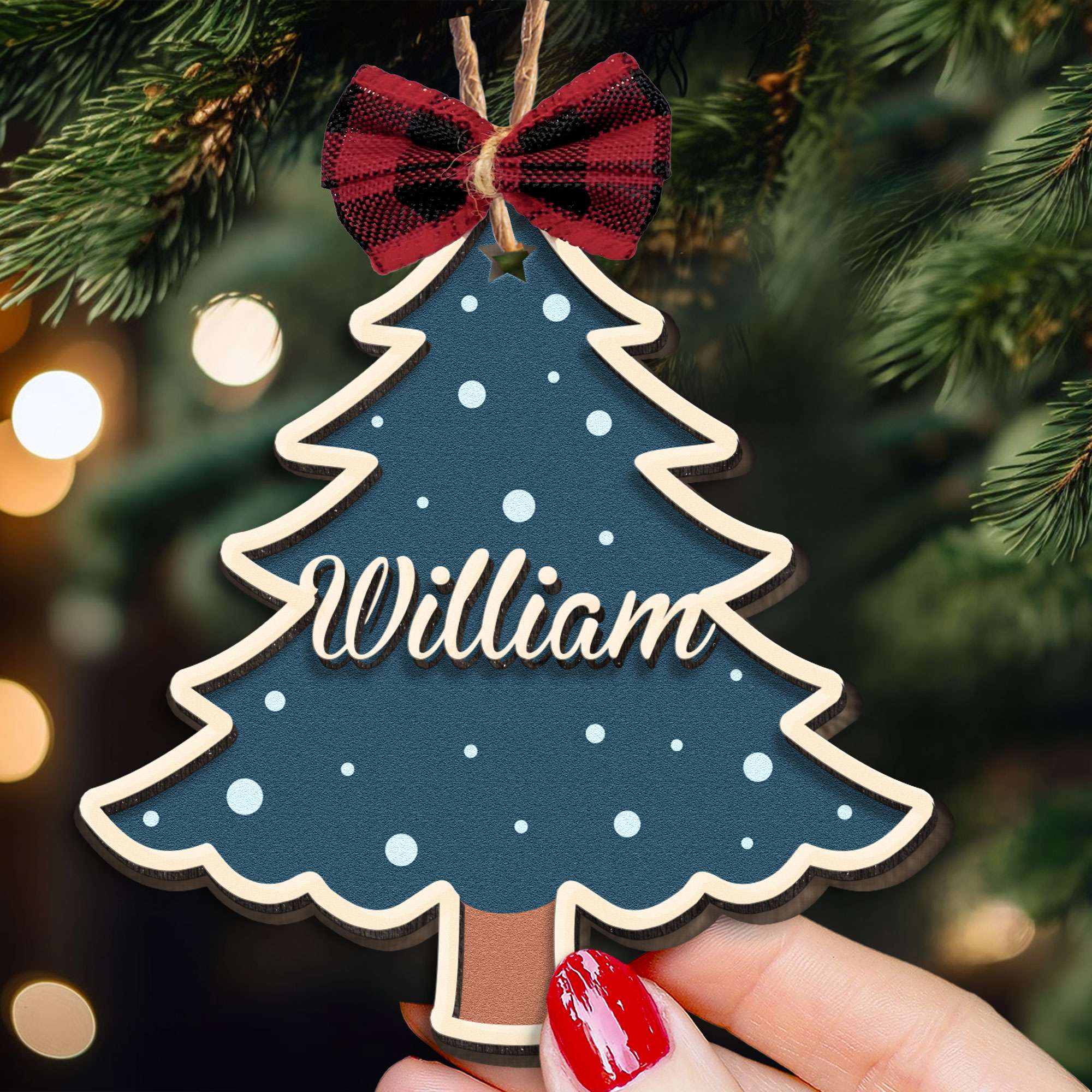 Christmas Tree Custom Family Name - Personalized 2 Layers Wooden Ornament With Bow