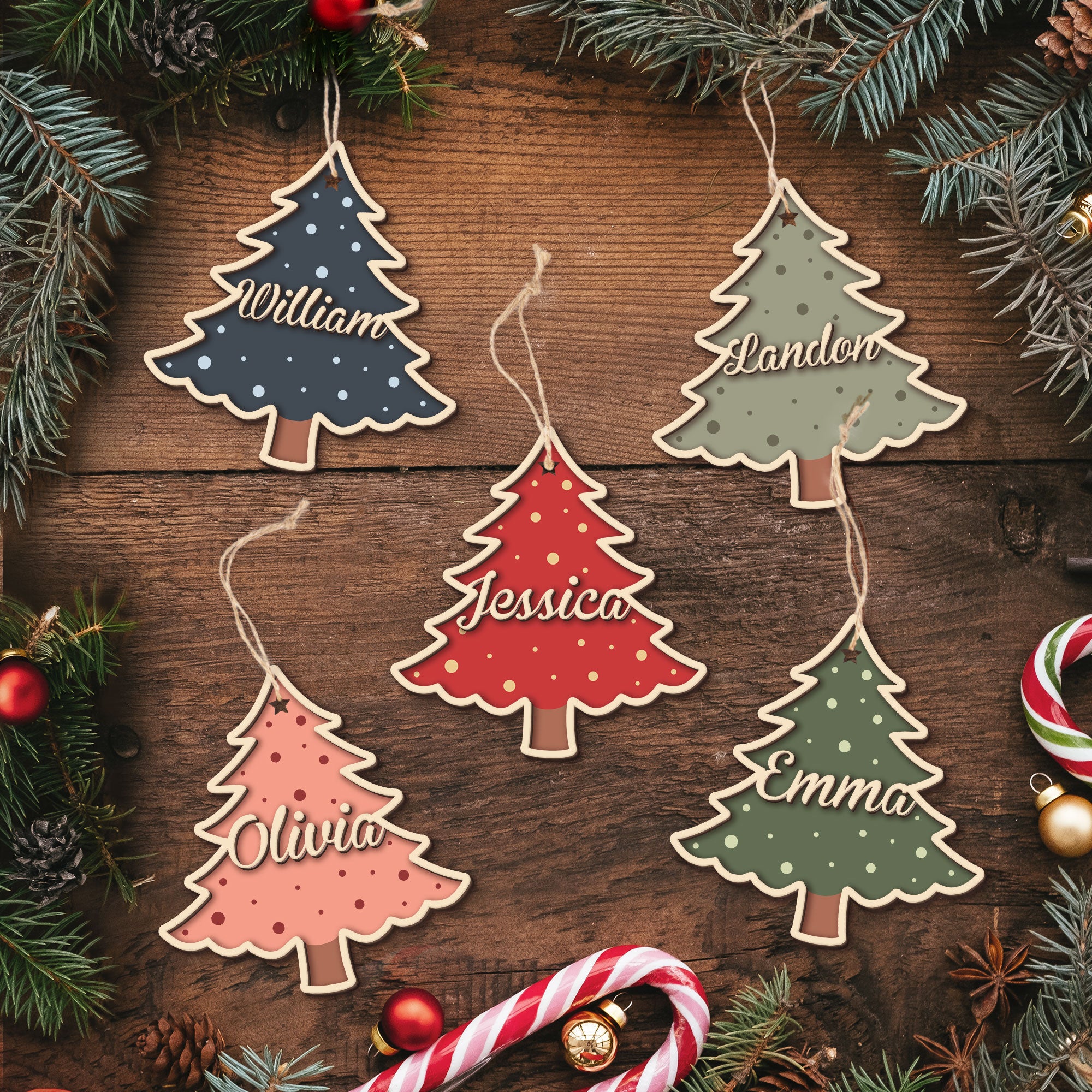 Christmas Tree Custom Family Name - Personalized 2 Layers Wooden Ornament With Bow