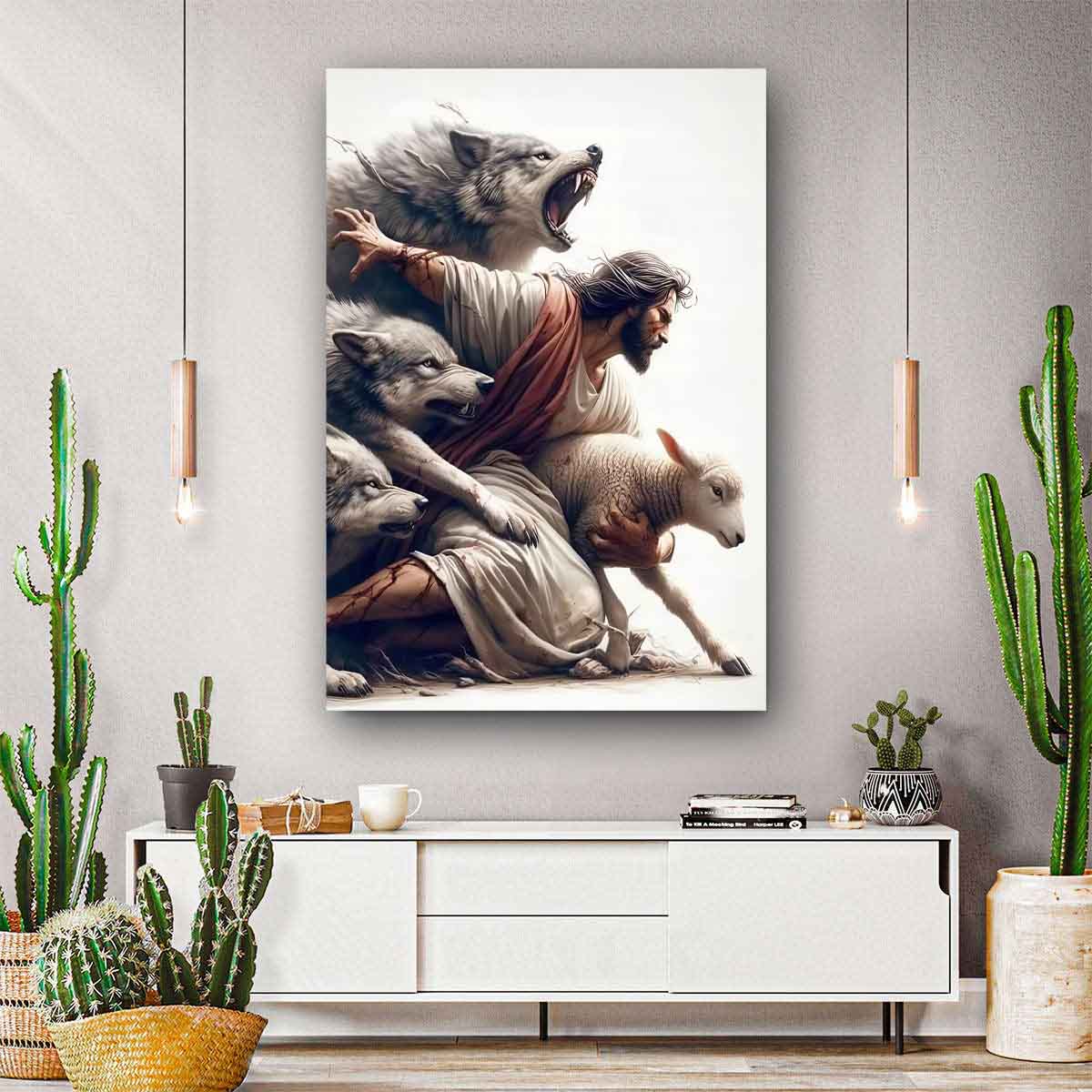 Jesus Protect A Lamb From Wolves Original Christian Wall Art