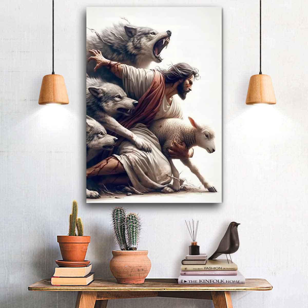Jesus Protect A Lamb From Wolves Original Christian Wall Art