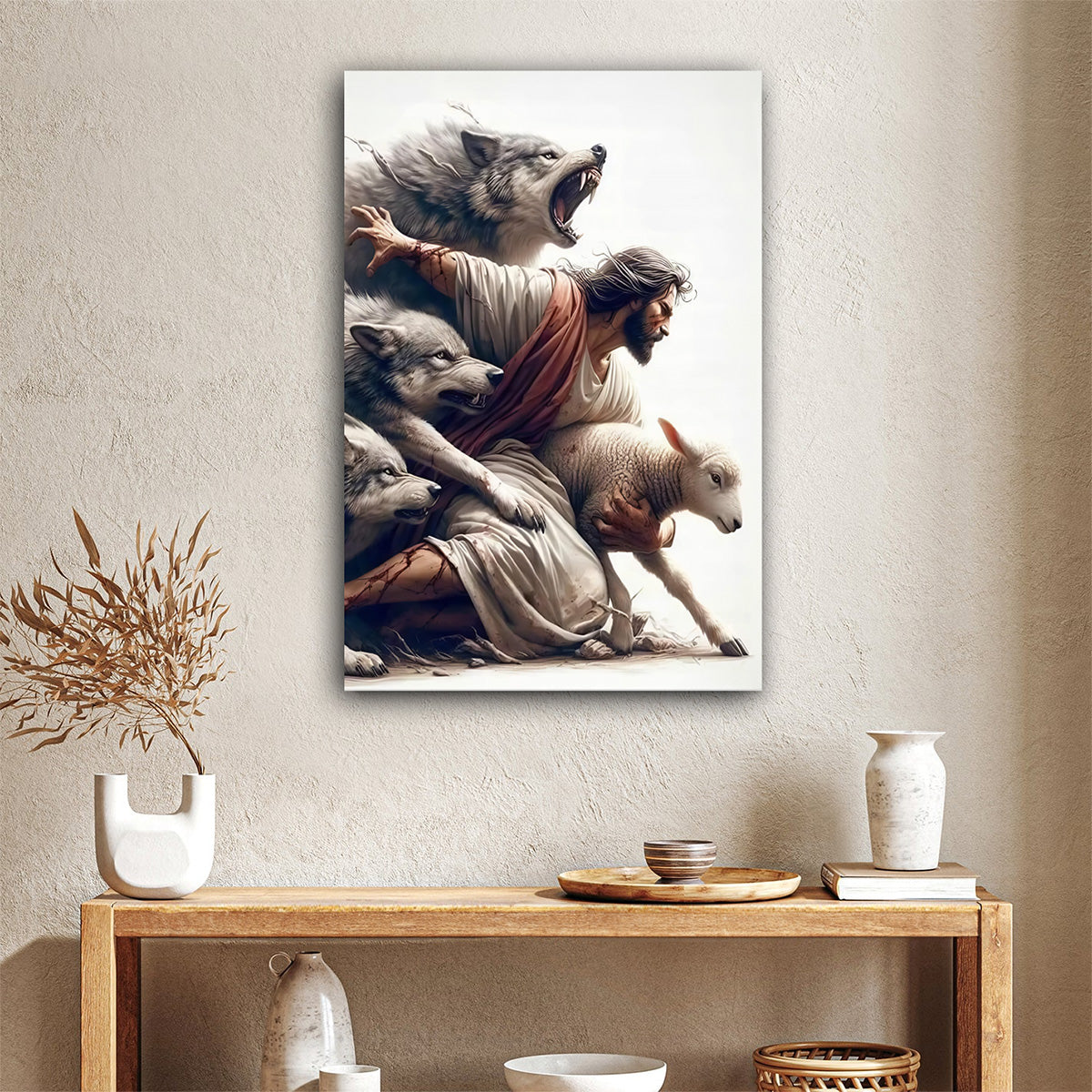 Jesus Protect A Lamb From Wolves Original Christian Wall Art