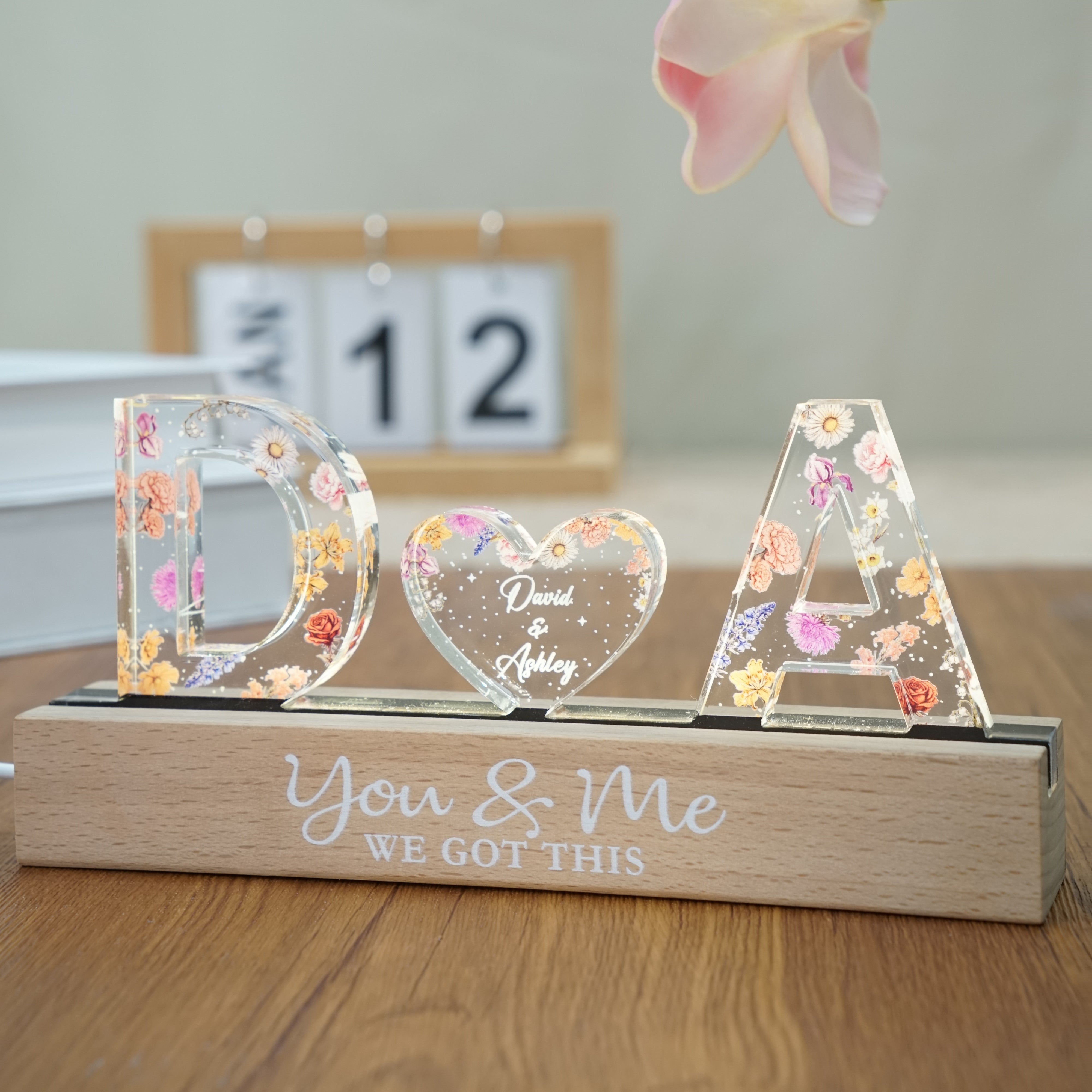 Couple Initials Floral Theme Anniversary Gift Personalized Acrylic Block LED Night Light, Heartfelt 2025 Valentine's Day Gift, Anniversary Gift For Girlfriend, For Wife