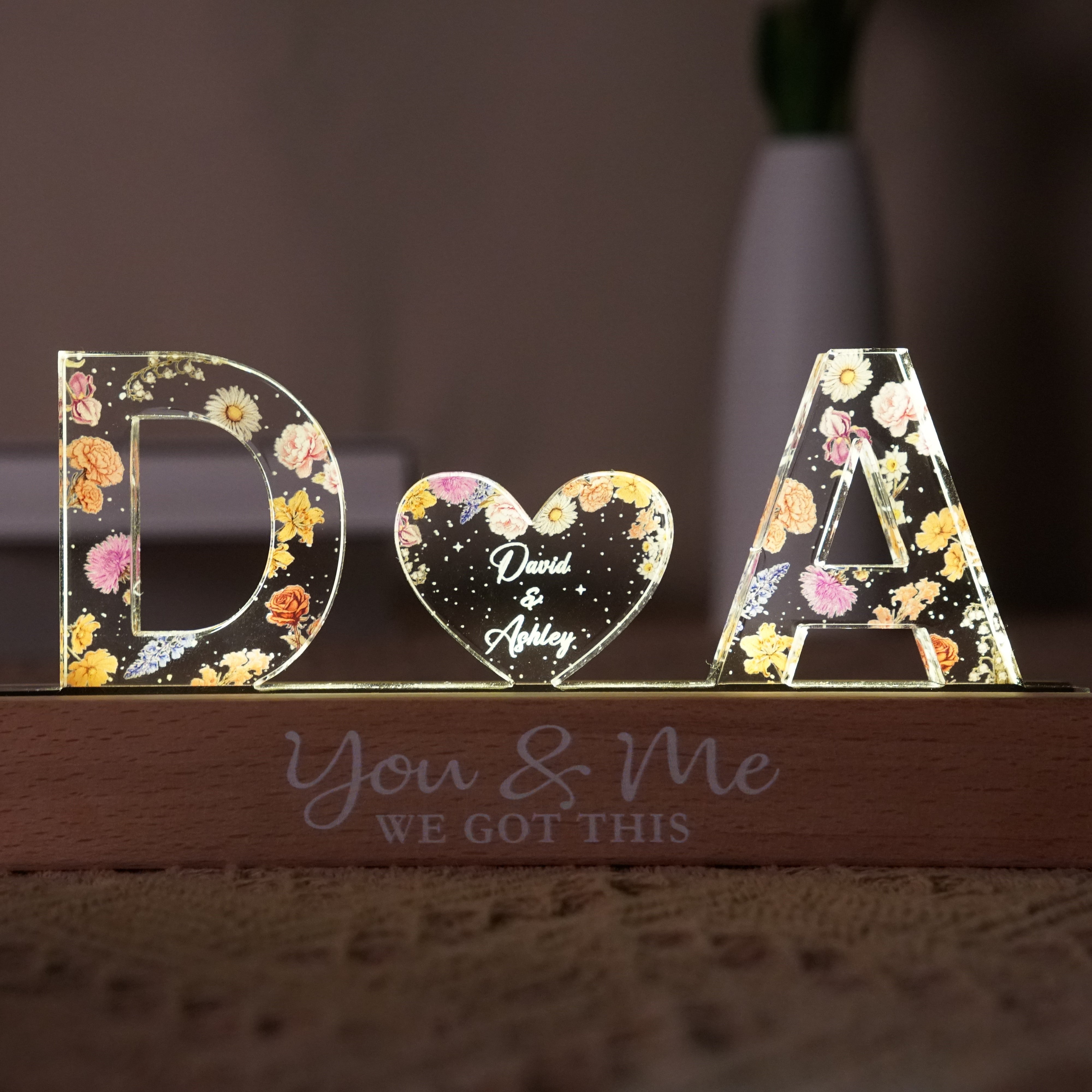 Couple Initials Floral Theme Anniversary Gift Personalized Acrylic Block LED Night Light, Heartfelt 2025 Valentine's Day Gift, Anniversary Gift For Girlfriend, For Wife