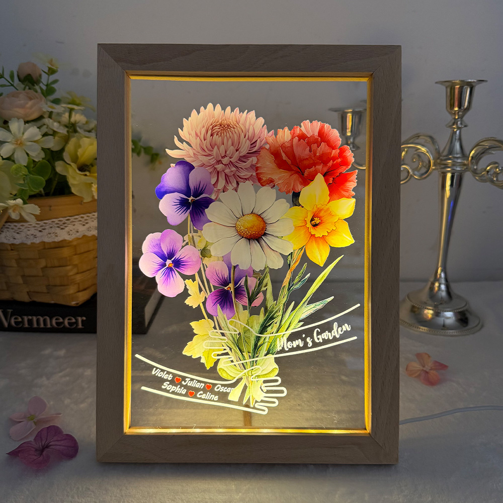 Custom Hug Birth Month Flower Bouquet with Names LED Night Light Frame