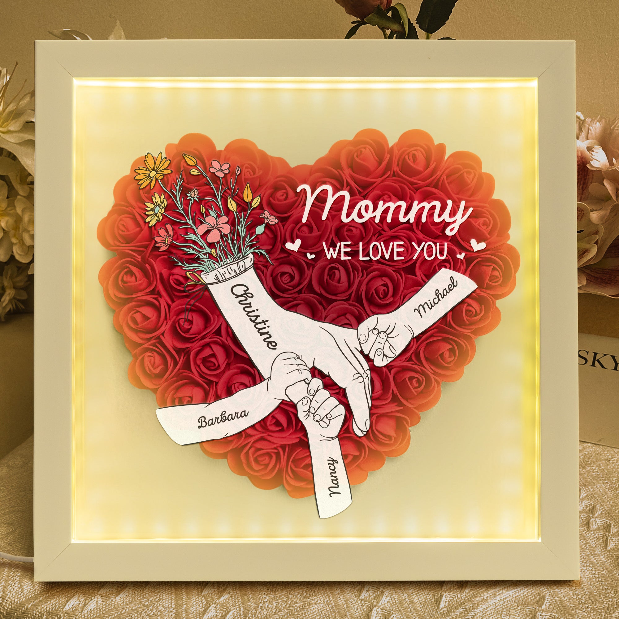Mom Hands Holding We Love You - Personalized Flower Shadow Box with LED Light