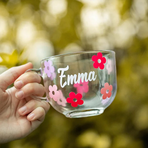Personalized Flower Glass Coffee Cup Set with Name Office Decoration Birthday Christmas Gift 