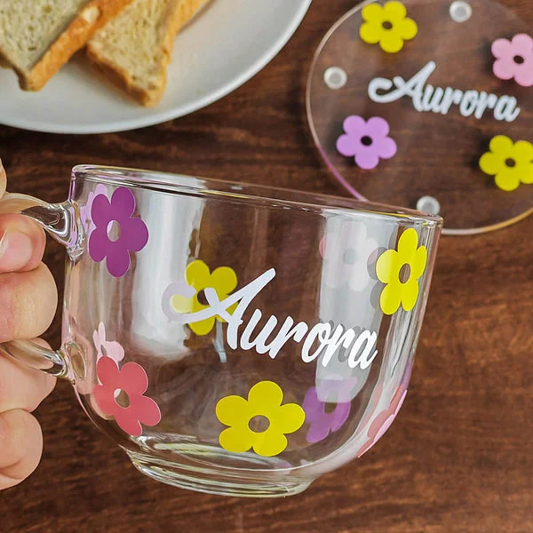 Personalized Flower Glass Coffee Cup Set with Name Office Decoration Birthday Christmas Gift 