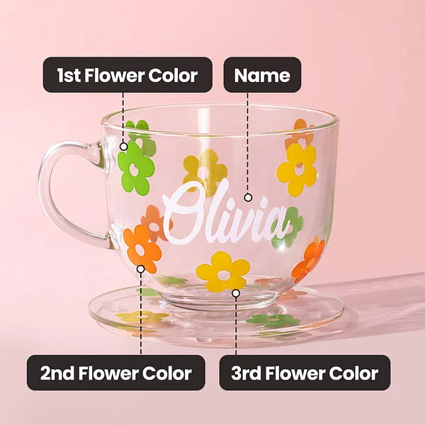 Personalized Flower Glass Coffee Cup Set with Name Office Decoration Birthday Christmas Gift 
