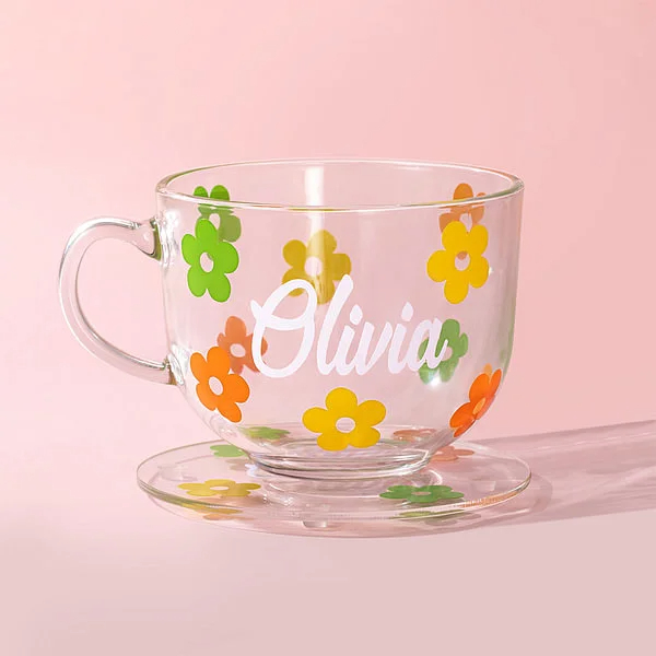 Personalized Flower Glass Coffee Cup Set with Name Office Decoration Birthday Christmas Gift 