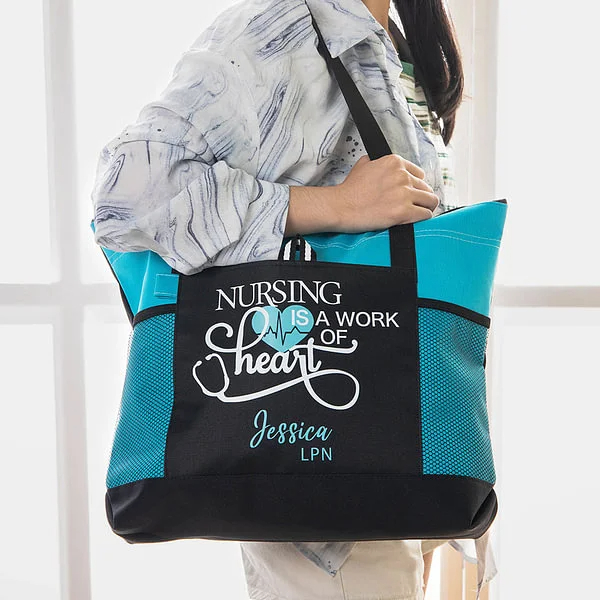 Personalized Nursing Is A Work of Heart Tote Bag Nurse Canvas Zippered Tote Bag Large Capacity Nurse Appreciation Gift Nurse Week Gift
