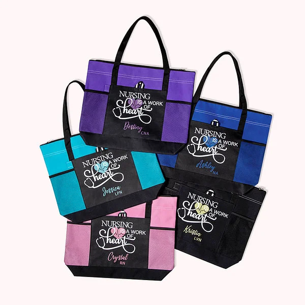 Personalized Nursing Is A Work of Heart Tote Bag Nurse Canvas Zippered Tote Bag Large Capacity Nurse Appreciation Gift Nurse Week Gift