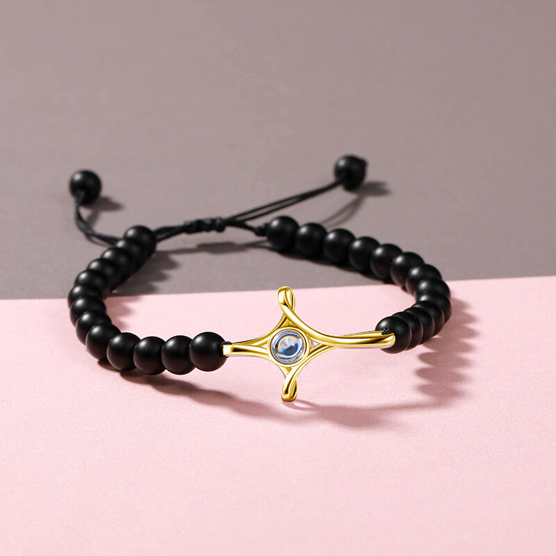 Personalized Photo Black Beaded Projection Bracelet with Cross