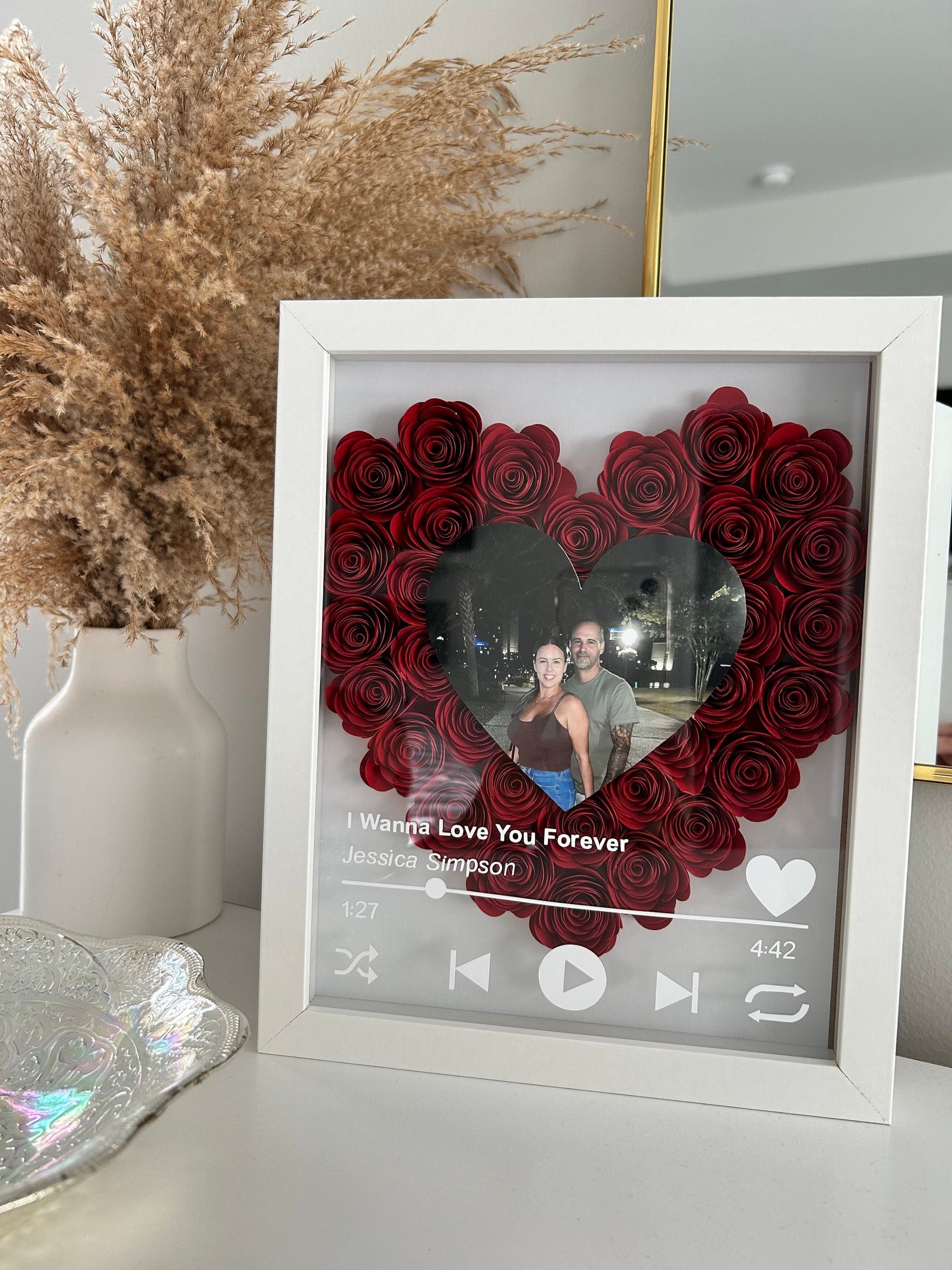 Personalized Roses Flower Shadow Box With Couple Photo For Wedding Anniversary Valentine's Day