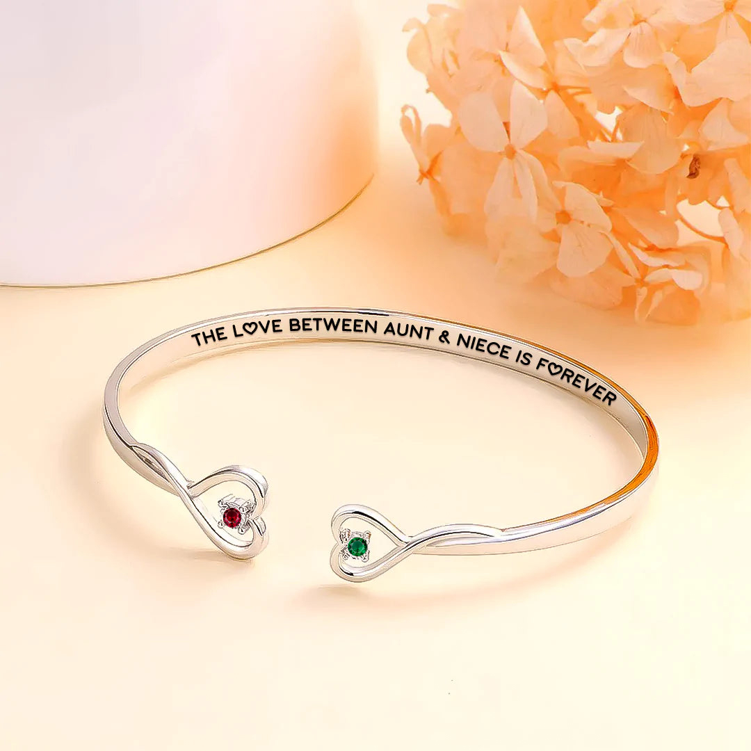 THE LOVE BETWEEN AUNT & NIECE IS FOREVER DOUBLE HEARTS CUSTOM BIRTHSTONES BRACELET