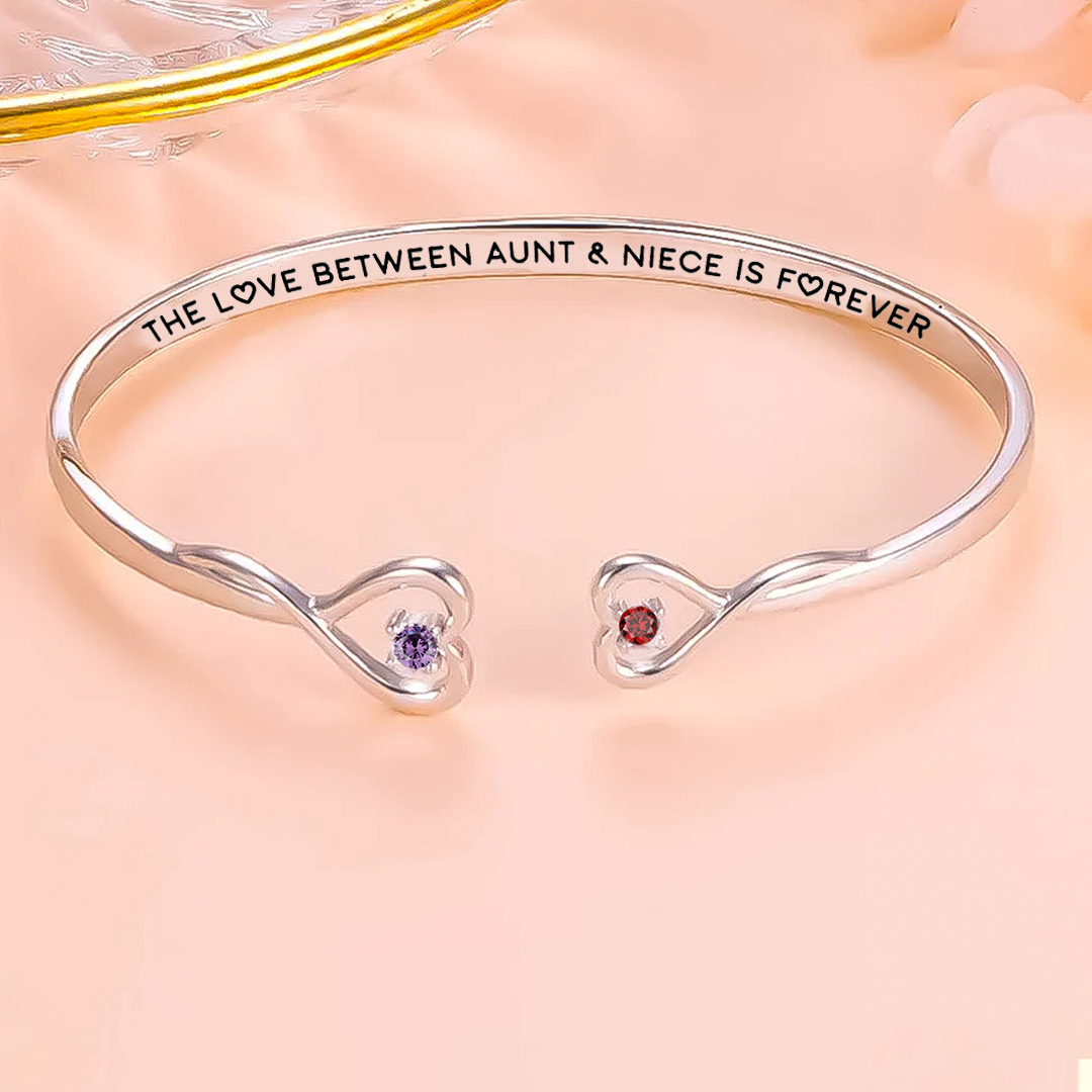 THE LOVE BETWEEN AUNT & NIECE IS FOREVER DOUBLE HEARTS CUSTOM BIRTHSTONES BRACELET