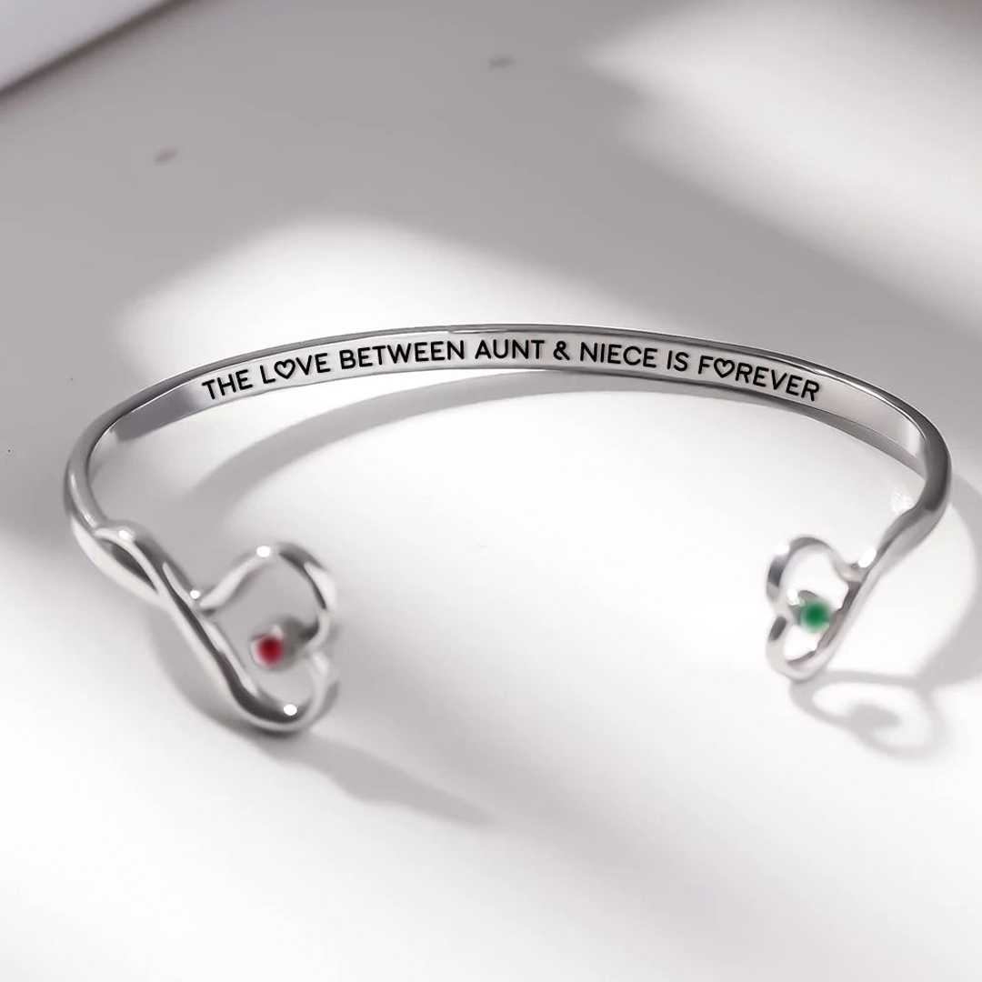 THE LOVE BETWEEN AUNT & NIECE IS FOREVER DOUBLE HEARTS CUSTOM BIRTHSTONES BRACELET