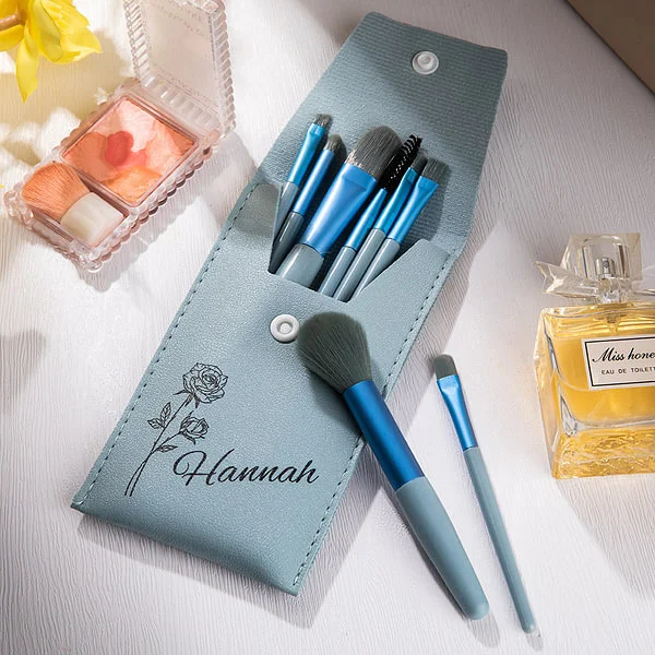 Personalized Birth Flower Makeup Brush Bag with 8 Pcs Makeup Brushes Birthday Wedding Christmas Gift for Girlfriend Mother Friend