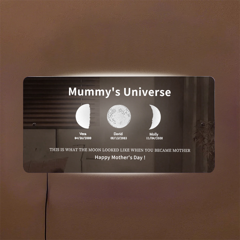 Custom Moon Phase Frame Mirror Light With Text & Date- Custom Art Frame for Mum - Mummy's Universe