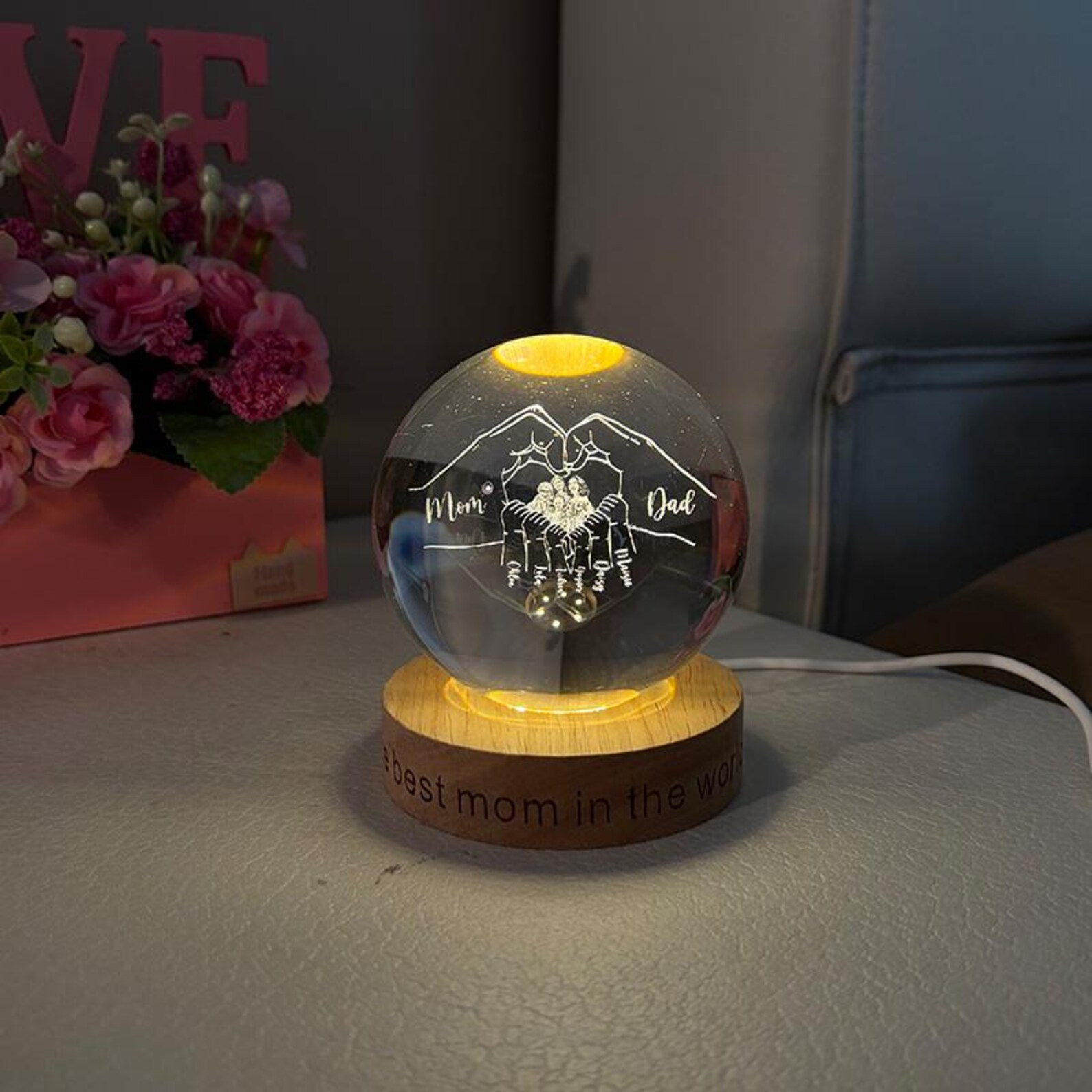 Customized Father's Day Moon Ball Night Light, crystal glass ball engraved with name and photo, for Dad