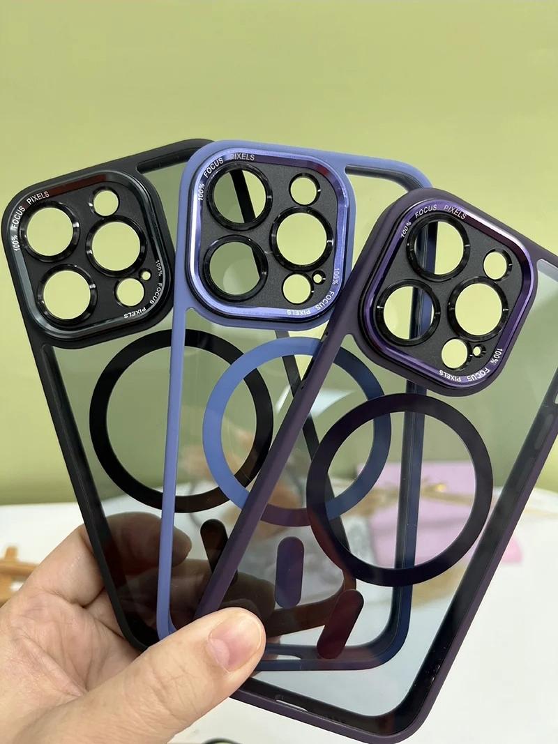 Clear Magnetic with HD Lens Film Phone case with wireless charging for iPhone 15 pro max/14/13/12