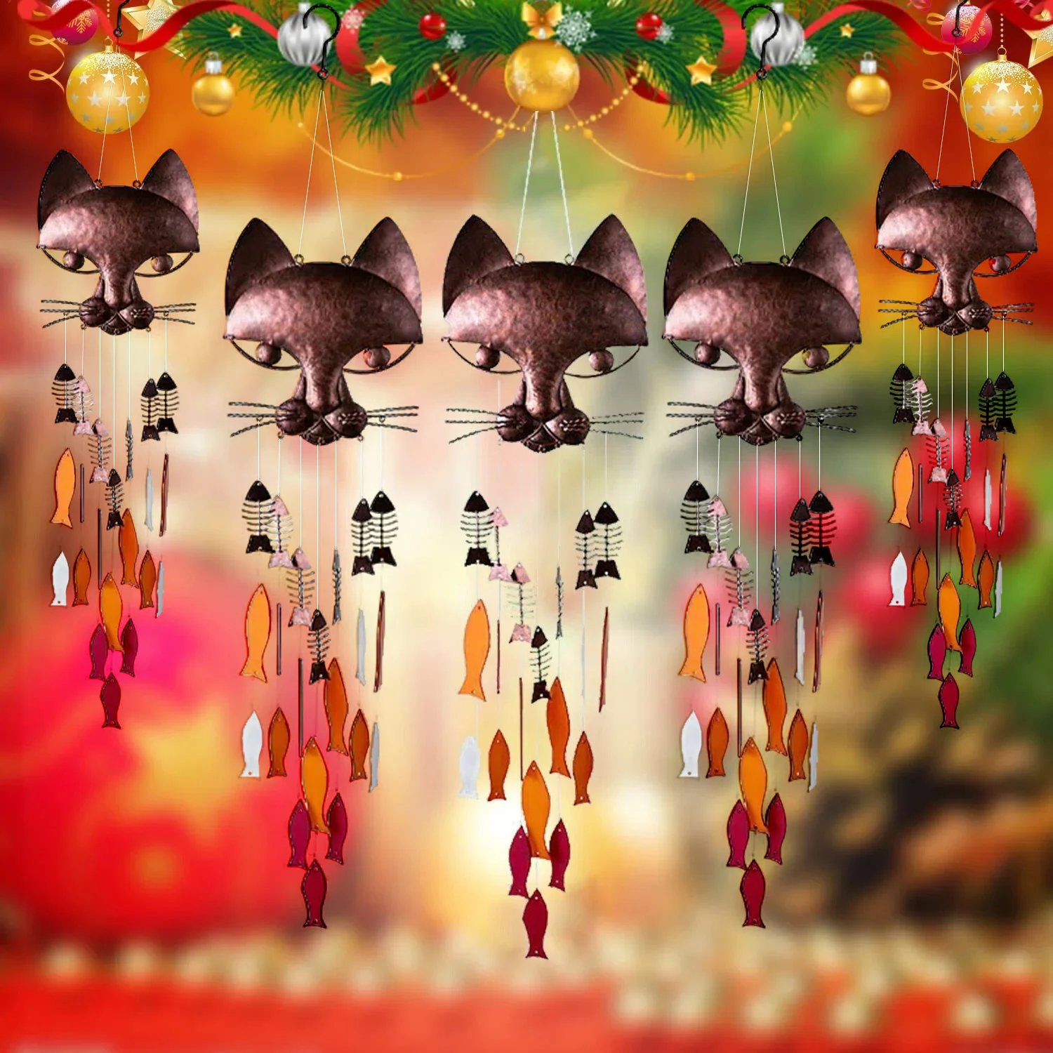 🐱Handcrafted Metal Cat and Recycled Glass Fish Wind Chime🎏