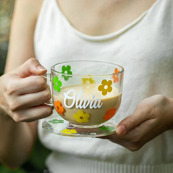 Personalized Flower Glass Coffee Cup Set with Name Office Decoration Birthday Christmas Gift 