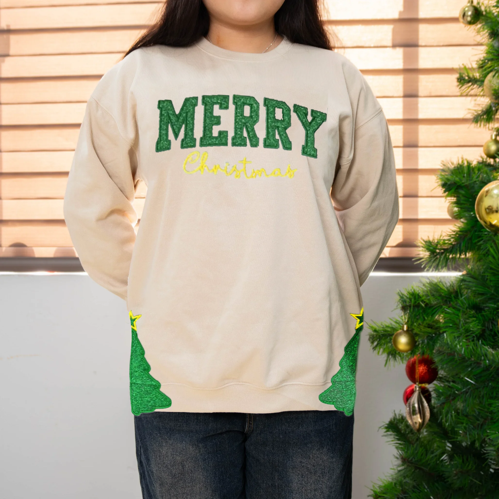 Custom Merry Christmas Embroidered, Two Side Christmas Tree Cut-Out Sweatshirt, Glitter Christmas Sweatshirt