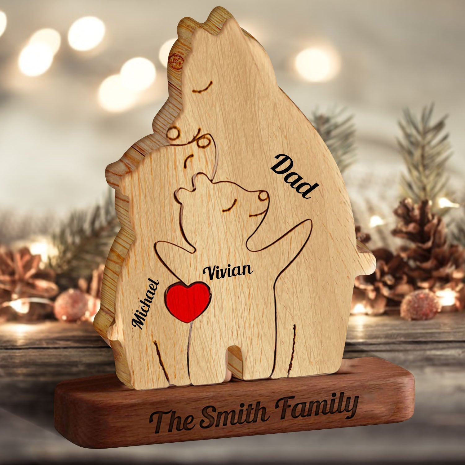 Personalized Single Parent Family With Stand - Puzzle Wooden Bear Family - Wooden Pet Carvings