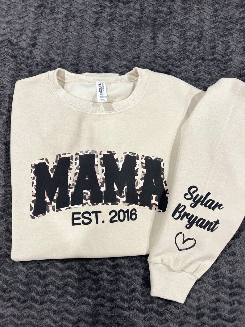 Mama Leopard Print Personalized Sweatshirt or Hoodie with Kids Name Sleeve Gift Sweatshirt New Mom Sweatshirts gift